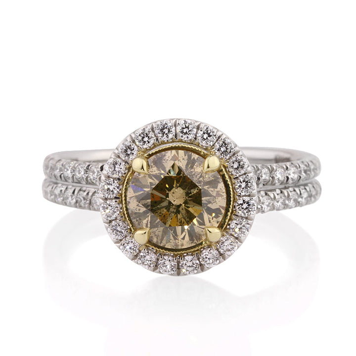 2.49ct Fancy Brown Green Yellow Round Brilliant Cut Lab Diamond Engagement Ring