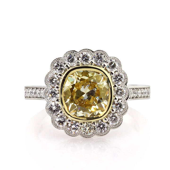 3.27ct Fancy Yellow Old Mine Cut Lab Diamond Engagement Ring