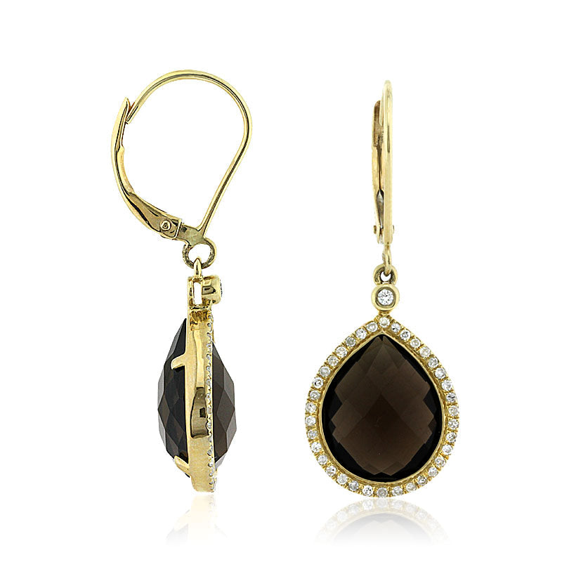 9.61ct Pear Shaped Rose Cut Smoky Quartz and Lab Diamond Dangle Earrings