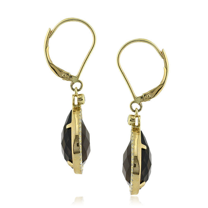 9.61ct Pear Shaped Rose Cut Smoky Quartz and Lab Diamond Dangle Earrings