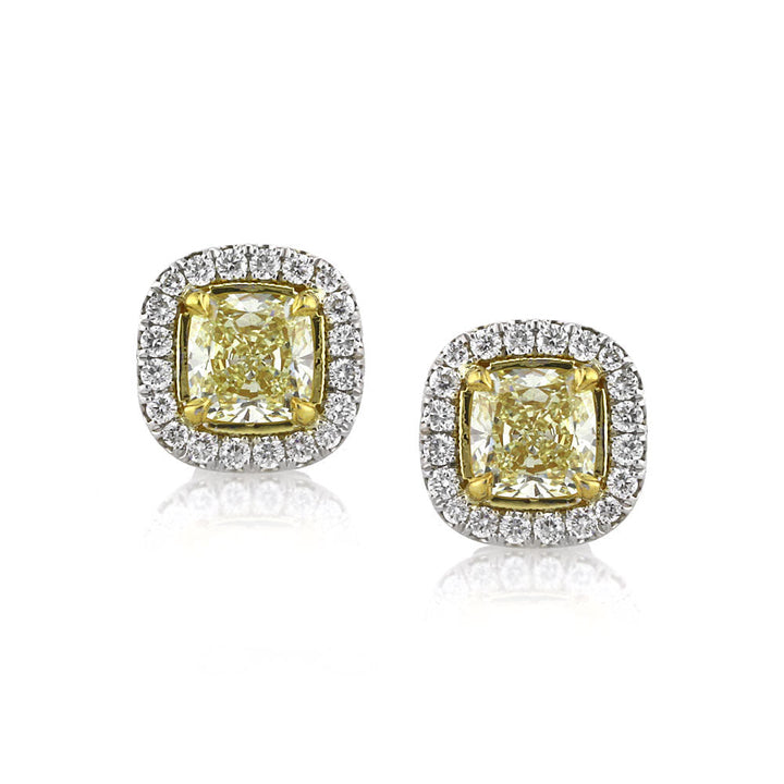 1.30ct Fancy Light Yellow Cushion Cut Lab Diamond Halo Stud Earrings