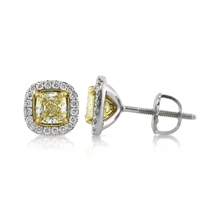 1.30ct Fancy Light Yellow Cushion Cut Lab Diamond Halo Stud Earrings