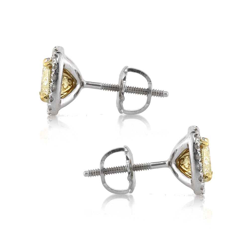 1.30ct Fancy Light Yellow Cushion Cut Lab Diamond Halo Stud Earrings