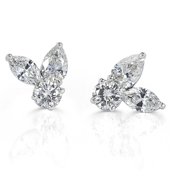 1.90ct Marquise Cut, Pear Shaped and Round Brilliant Cut Lab Diamond Cluster Stud Earrings in 18K White Gold