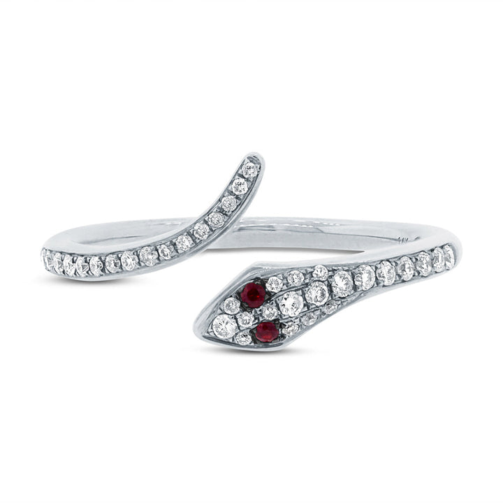 0.22ct Ruby and White Lab Diamond Snake Ring in 14k White Gold