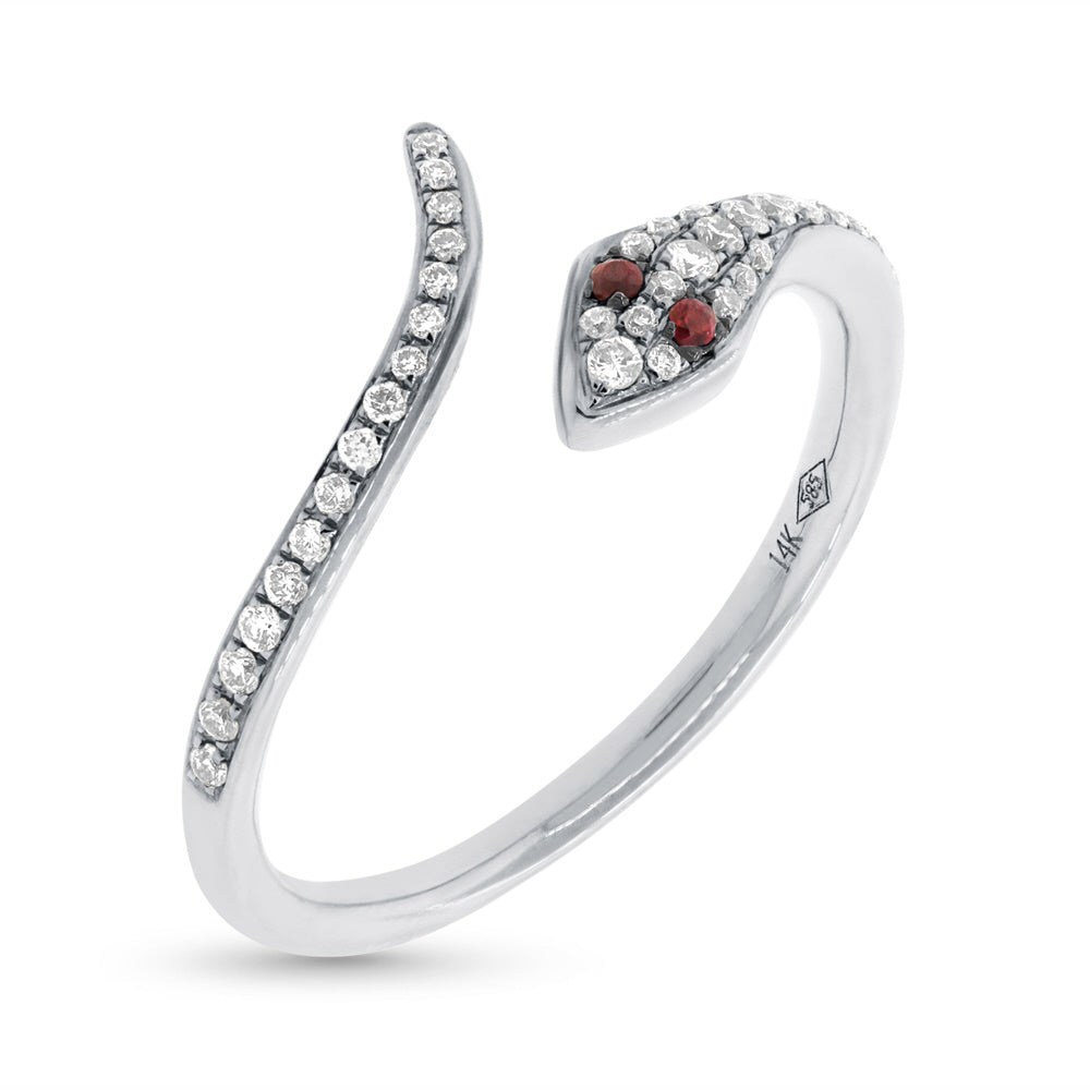 0.22ct Ruby and White Lab Diamond Snake Ring in 14k White Gold