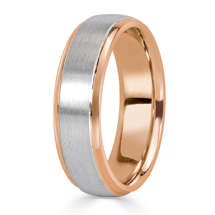 Men's Two-Tone Satin Finished Wedding Band in 18k Rose and White Gold 6.5mm