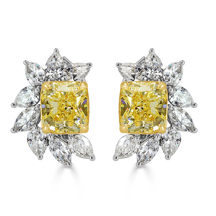 8.82ct Fancy Yellow Radiant and Colorless Marquise Cut Lab Diamond Cluster Stud Earrings