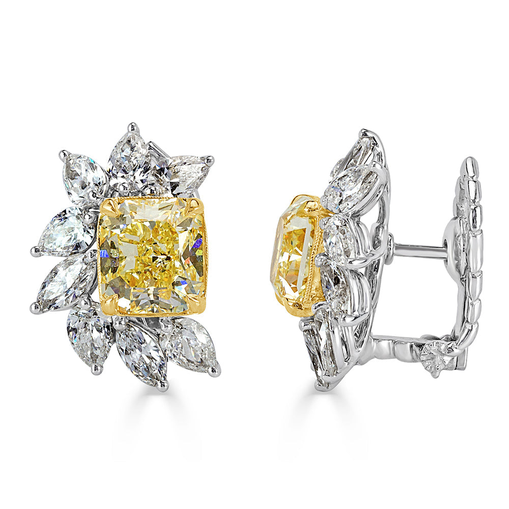 8.82ct Fancy Yellow Radiant and Colorless Marquise Cut Lab Diamond Cluster Stud Earrings