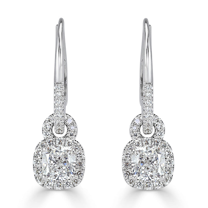 1.66ct Cushion Cut Lab Diamond Dangle Earrings in 18k White Gold