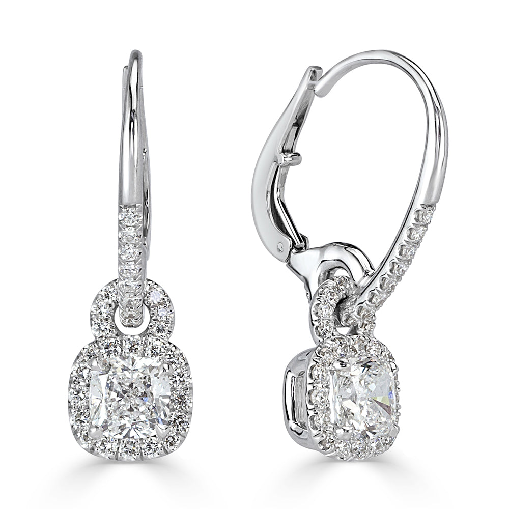 1.66ct Cushion Cut Lab Diamond Dangle Earrings in 18k White Gold