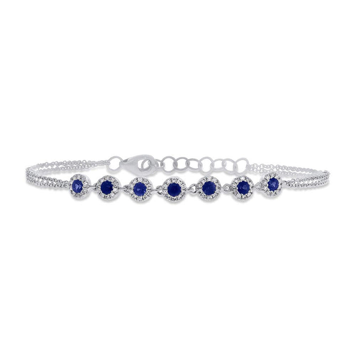 0.74ct Round Brilliant Cut Lab Diamond and Blue Sapphire Halo Chain Bracelet in 14k White Gold