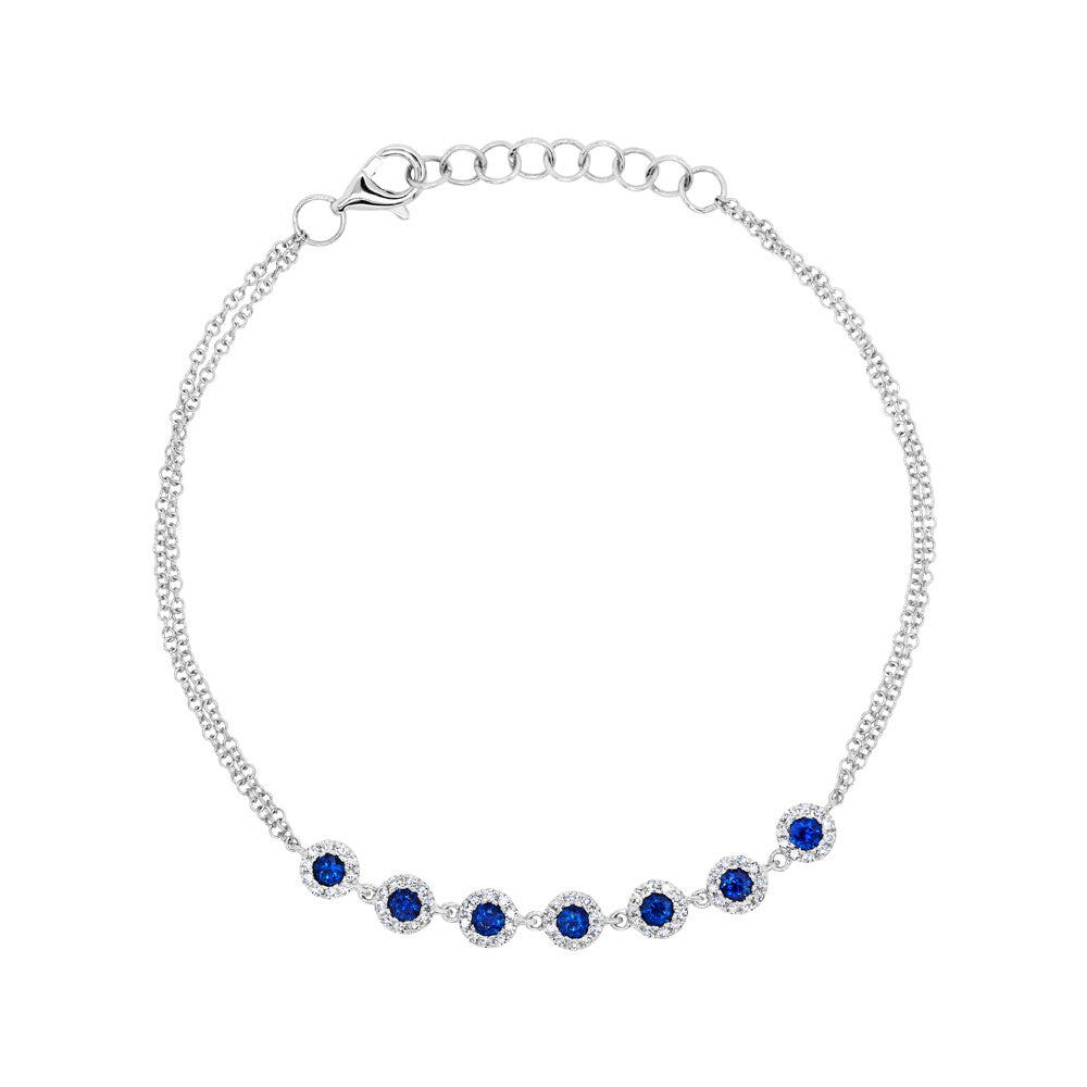 0.74ct Round Brilliant Cut Lab Diamond and Blue Sapphire Halo Chain Bracelet in 14k White Gold