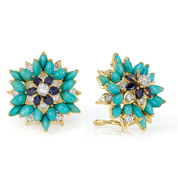 5.14ct Round Brilliant Cut Lab Diamond, Turquoise and Sapphire Floral Estate Earrings