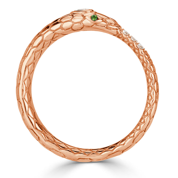 0.07ct Lab Diamond and Tsavorite Ouroboros Snake Ring in 14k Rose Gold