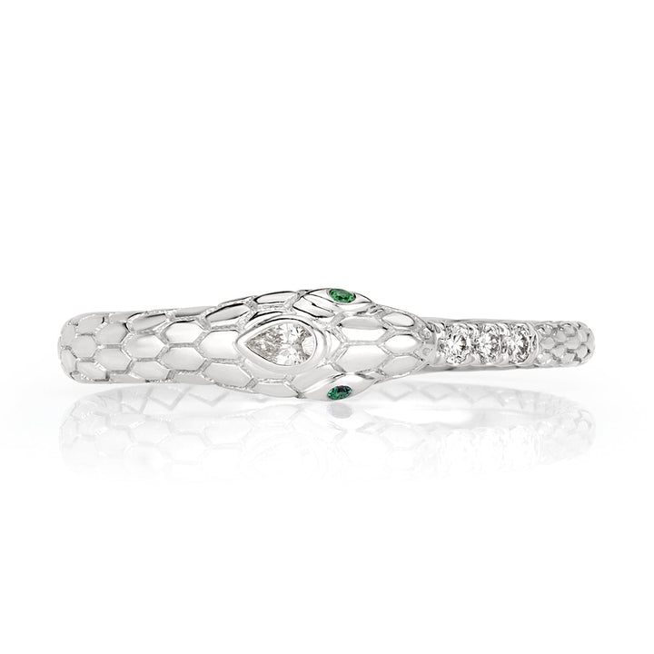 0.07ct Lab Diamond and Tsavorite Ouroboros Snake Ring in 14k White Gold