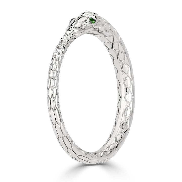 0.07ct Lab Diamond and Tsavorite Ouroboros Snake Ring in 14k White Gold