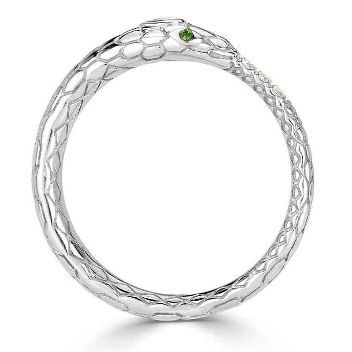 0.07ct Lab Diamond and Tsavorite Ouroboros Snake Ring in 14k White Gold