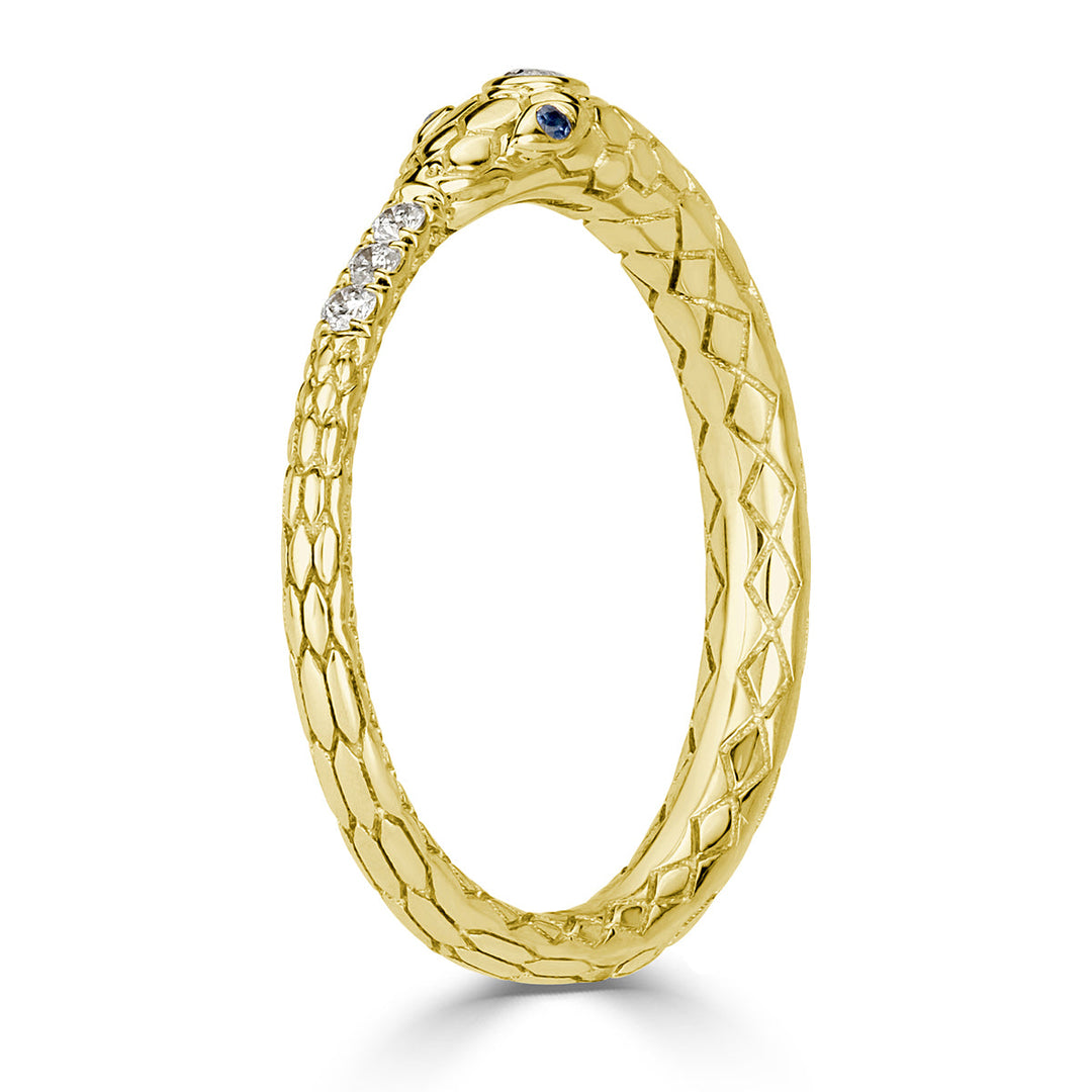 0.07ct Lab Diamond and Sapphire Ouroboros Snake Ring in 14k Yellow Gold