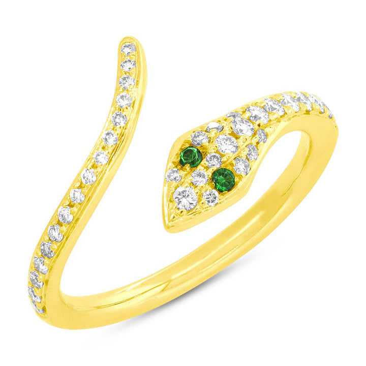 0.21ct Green Garnet and White Lab Diamond Snake Ring in 14k Yellow Gold