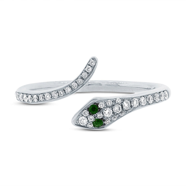 0.21ct Green Garnet and White Lab Diamond Snake Ring in 14k White Gold