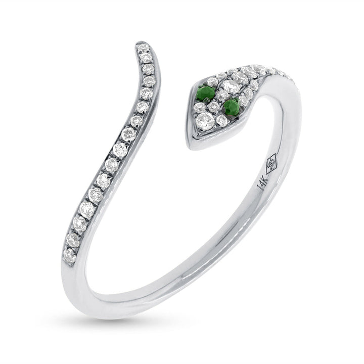 0.21ct Green Garnet and White Lab Diamond Snake Ring in 14k White Gold