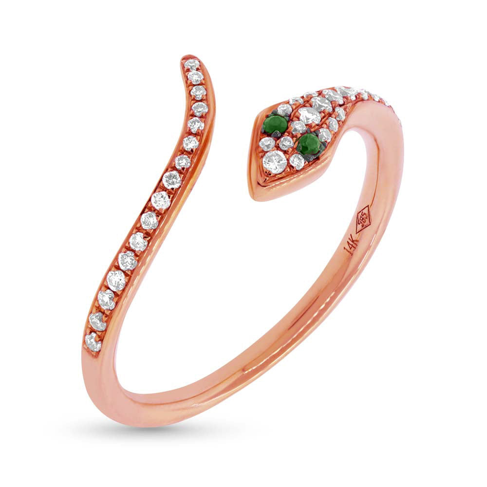 0.21ct Green Garnet and White Lab Diamond Snake Ring in 14k Rose Gold