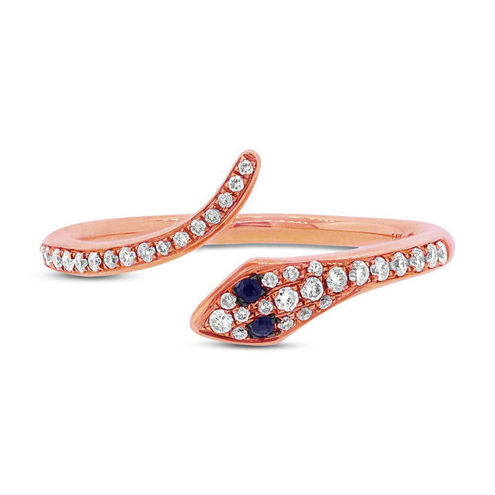 0.22ct Blue Sapphire and White Lab Diamond Snake Ring in 14k Rose Gold