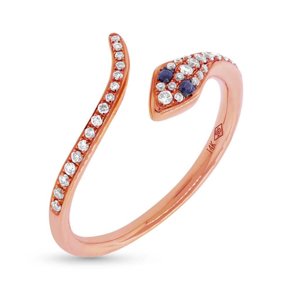 0.22ct Blue Sapphire and White Lab Diamond Snake Ring in 14k Rose Gold