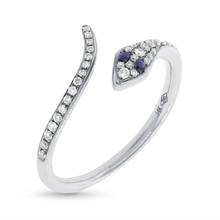 0.22ct Blue Sapphire and White Lab Diamond Snake Ring in 14k White Gold