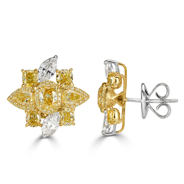 5.42ct Fancy Yellow and White Lab Diamond Cluster Stud Earrings