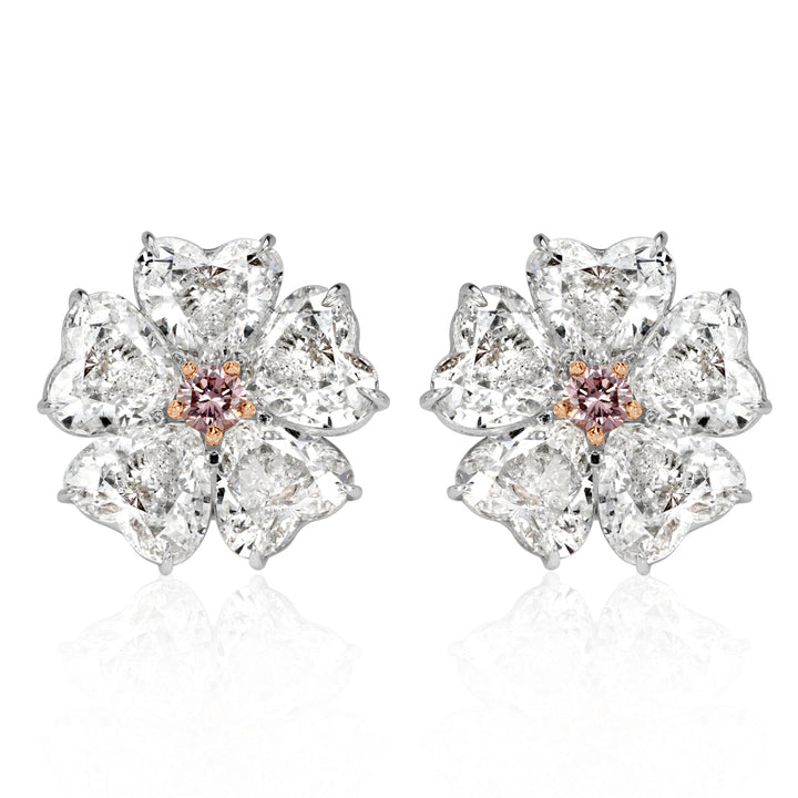 10.64ct Heart Shaped Lab Diamond Floral Stud Earrings with Pink Lab Diamond Centers