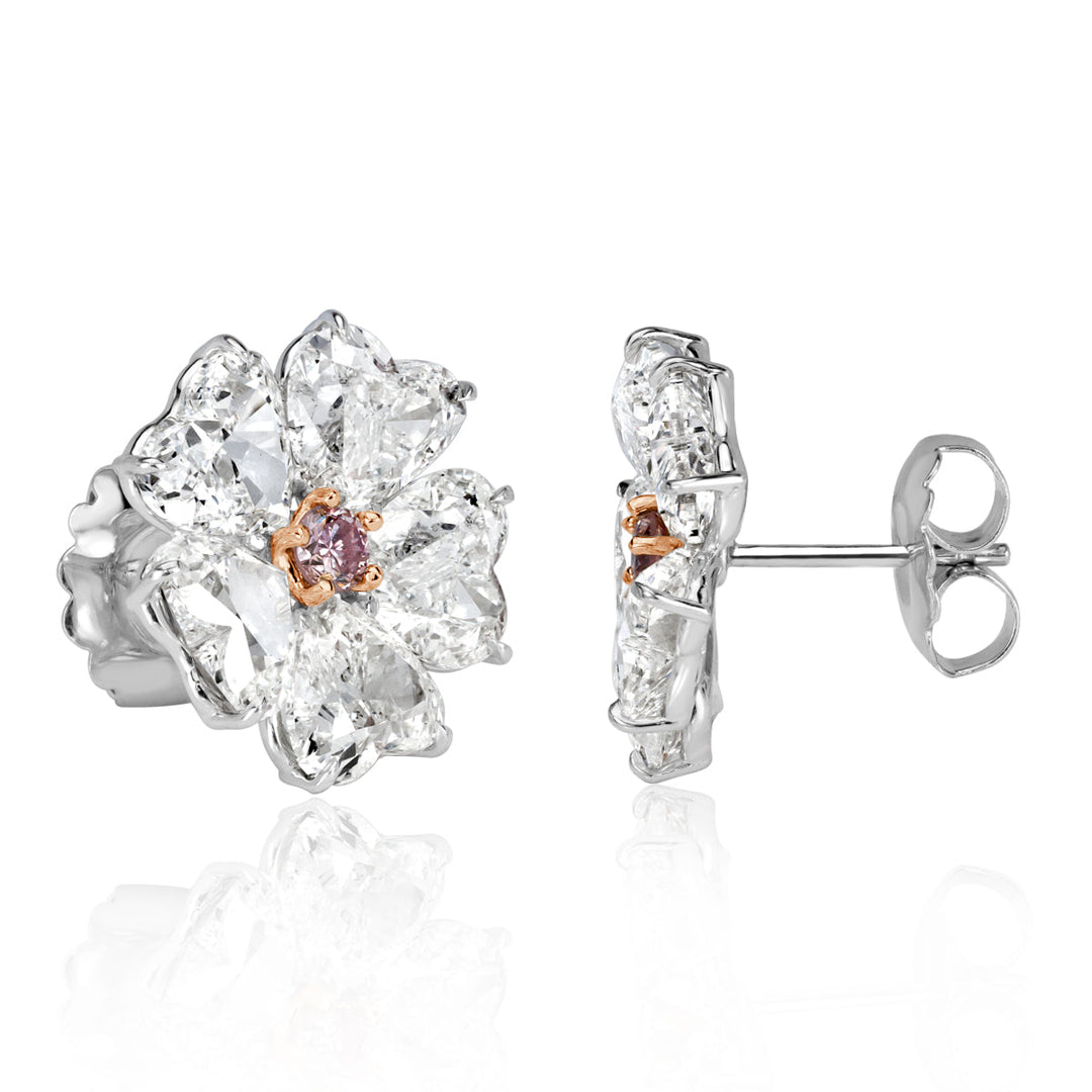 10.64ct Heart Shaped Lab Diamond Floral Stud Earrings with Pink Lab Diamond Centers