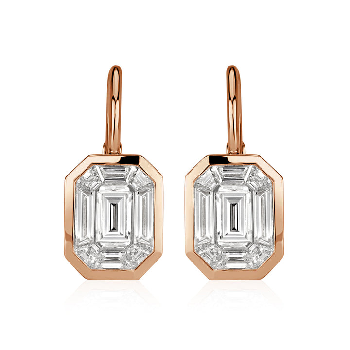 1.70ct Emerald and Trapezoid Cut Mosaic Lab Diamond Dangle Earrings in 14K Rose Gold