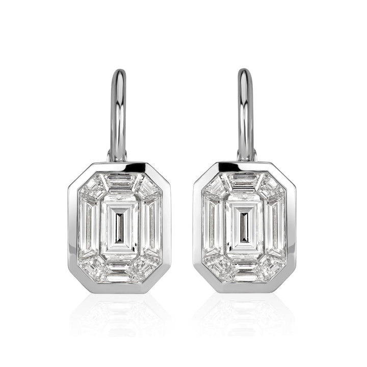 1.70ct Emerald and Trapezoid Cut Mosaic Lab Diamond Dangle Earrings in 14K White Gold