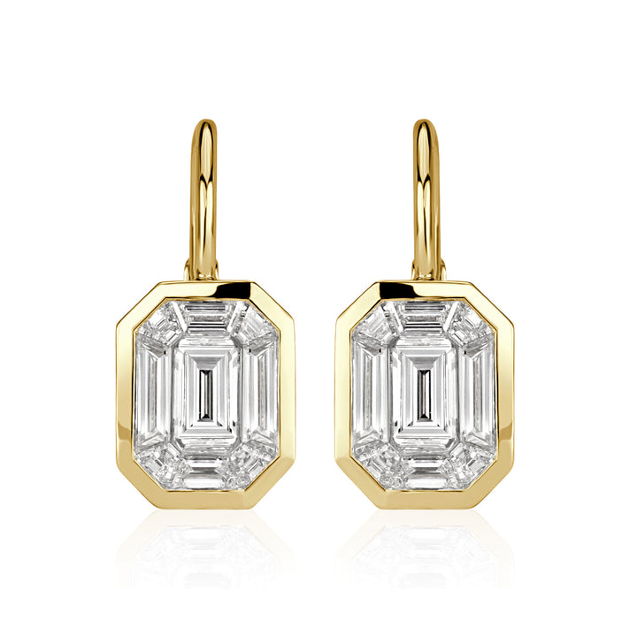 1.70ct Emerald and Trapezoid Cut Mosaic Lab Diamond Dangle Earrings in 14K Yellow Gold