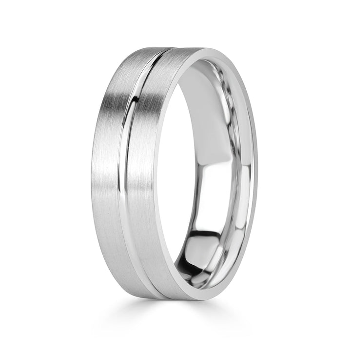 Men's Single Groove Satin Finish Wedding Band in 14k White Gold 6.0mm