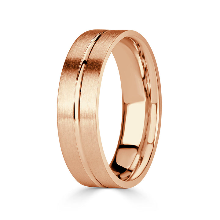 Men's Single Groove Satin Finish Wedding Band in 14k Rose Gold 6.0mm