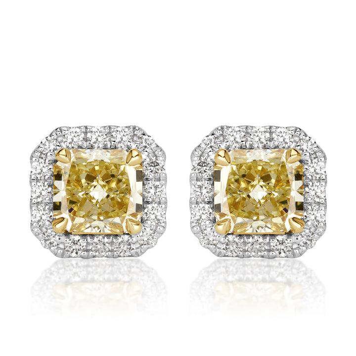 2.70ct Fancy Yellow Radiant Cut Lab Diamond Halo Stud Earrings