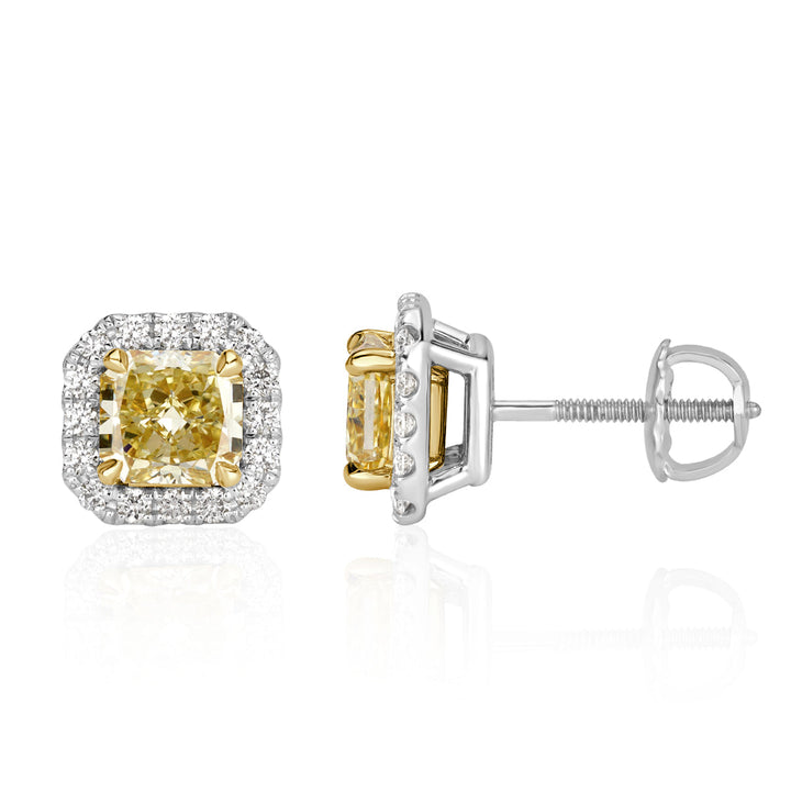 2.70ct Fancy Yellow Radiant Cut Lab Diamond Halo Stud Earrings