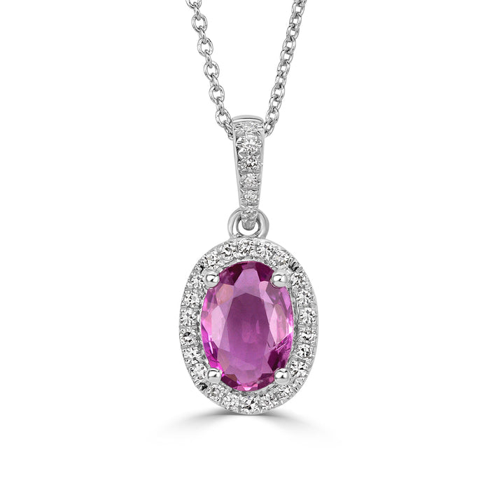 0.93ct Round Brilliant Cut Lab Diamond and Oval Cut Pink Sapphire Halo Pendant in 14K White Gold