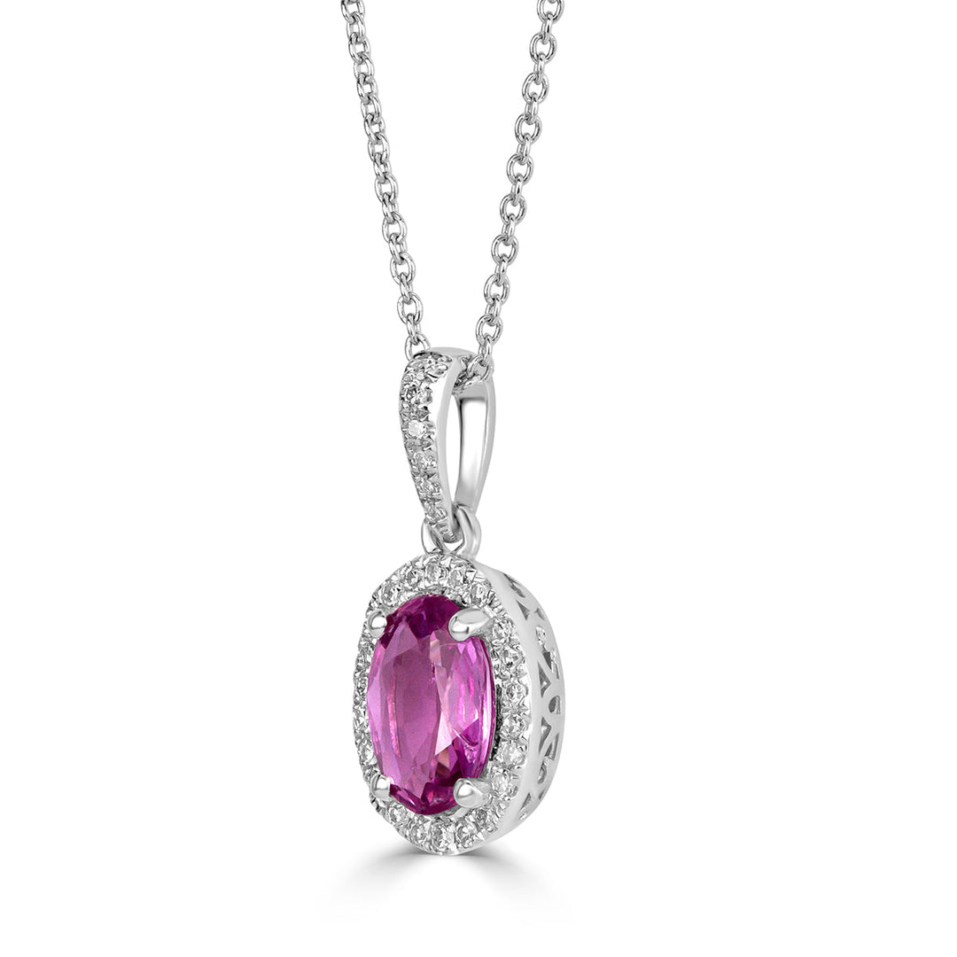 0.93ct Round Brilliant Cut Lab Diamond and Oval Cut Pink Sapphire Halo Pendant in 14K White Gold