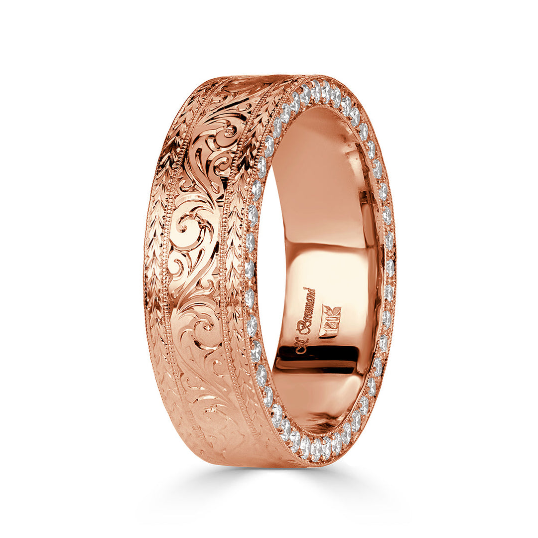 1.15ct Round Brilliant Cut Lab Diamond Men's Engraved Wedding Band in 18k Rose Gold