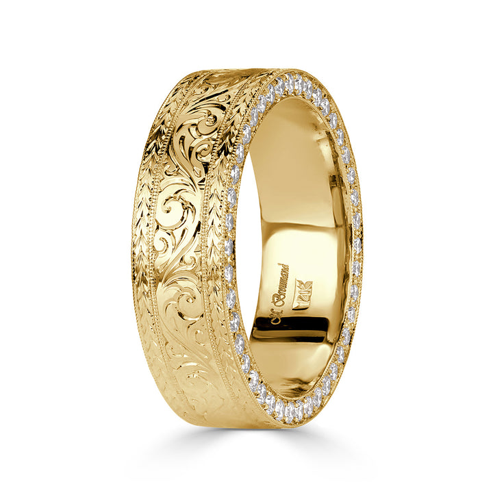 1.15ct Round Brilliant Cut Lab Diamond Men's Engraved Wedding Band in 18k Yellow Gold