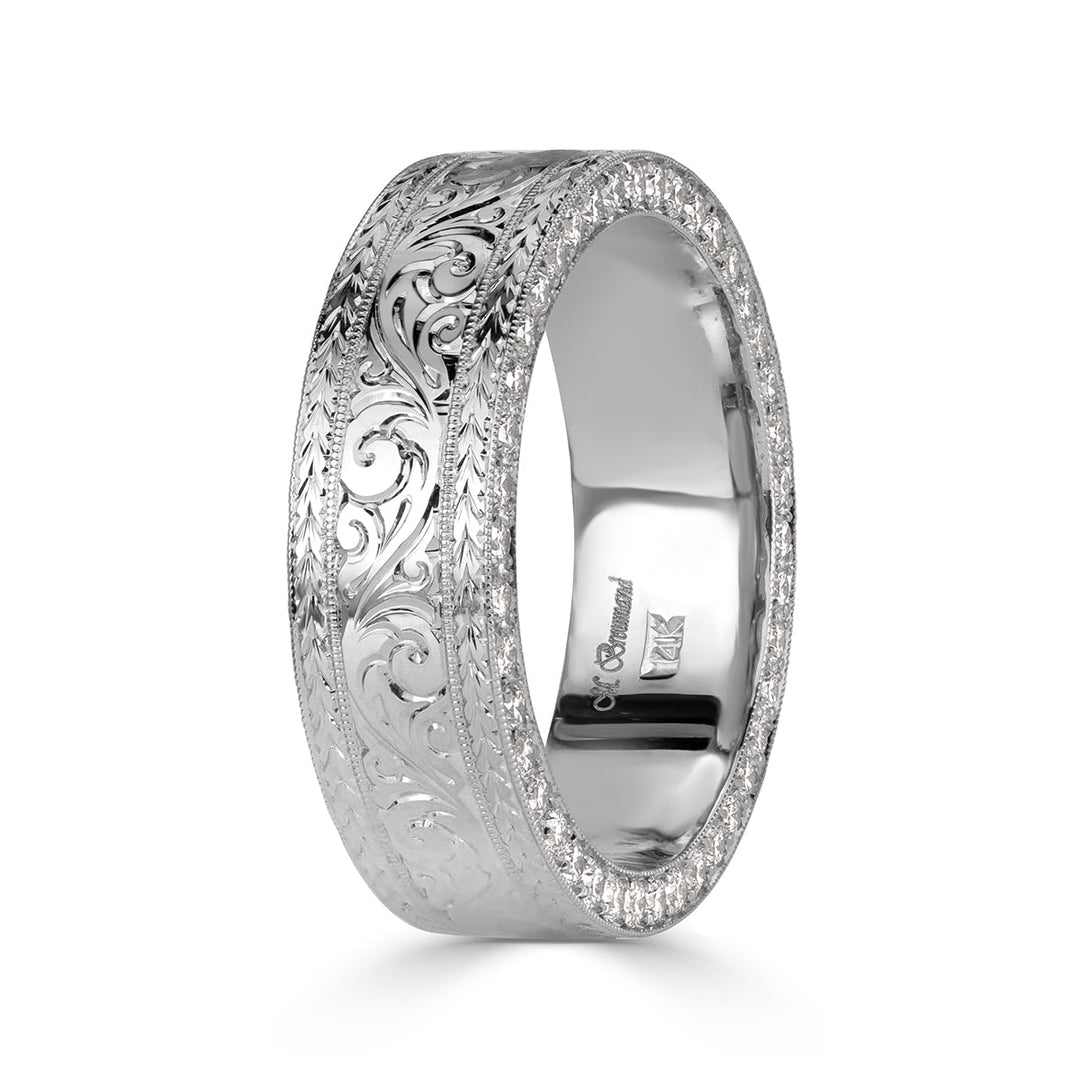 1.15ct Round Brilliant Cut Lab Diamond Men's Engraved Wedding Band in 18k White Gold