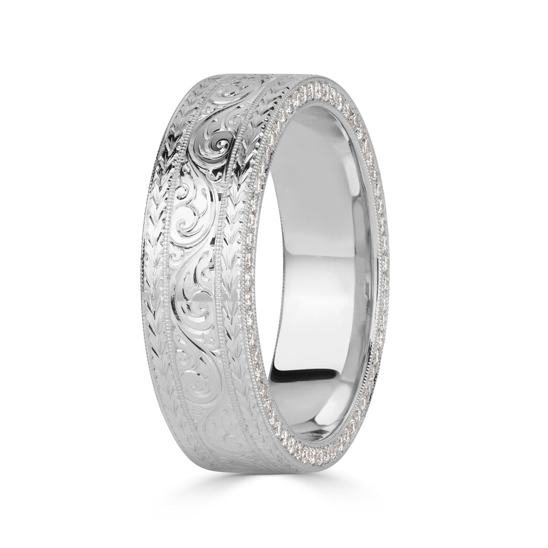 0.60ct Round Brilliant Cut Lab Diamond Men's Engraved Wedding Band in 18k White Gold