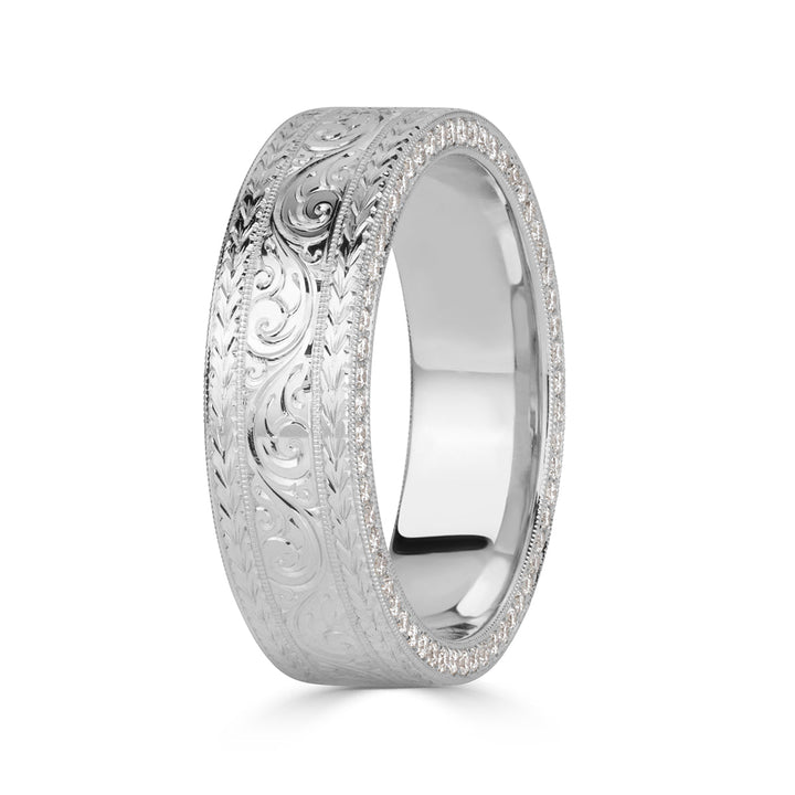 0.60ct Round Brilliant Cut Lab Diamond Men's Engraved Wedding Band in 18k White Gold