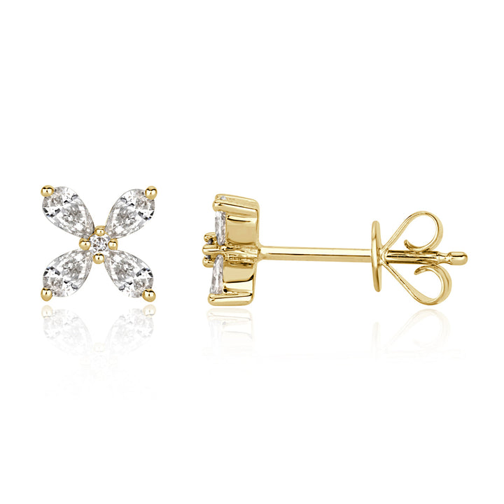 0.36ct Round Brilliant Cut and Pear Shaped Lab Diamond Floral Stud Earrings in 18k Yellow Gold