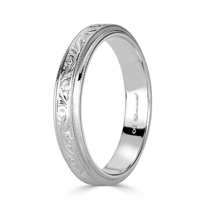 Handmade Engraved Wedding Band in 18k White Gold