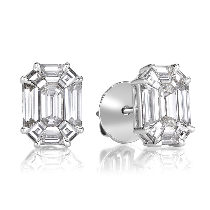 1.54ct Emerald Cut Mosaic Lab Diamond Stud Earrings in 18K White Gold